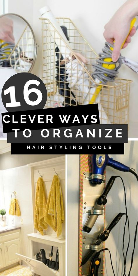 clevery ways to organize hair styling tools pinterest image Blow Dryer Storage, Hair Straightener Storage, Hair Appliance Storage, Curling Iron Storage, Hair Tool Storage, Tool Organization Diy, Hair Dryer Organizer, Hot Hair Tools, Curling Iron Holder