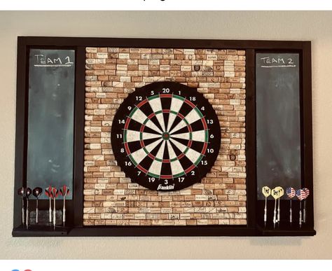 Basement Dart Board Wall, Cork Dartboard Backboard, Wine Cork Dart Board, Darts Room, Cork Dartboard, Basement Game Room Ideas, Basement Bar Area, Dart Board Wall, Game Room Ideas