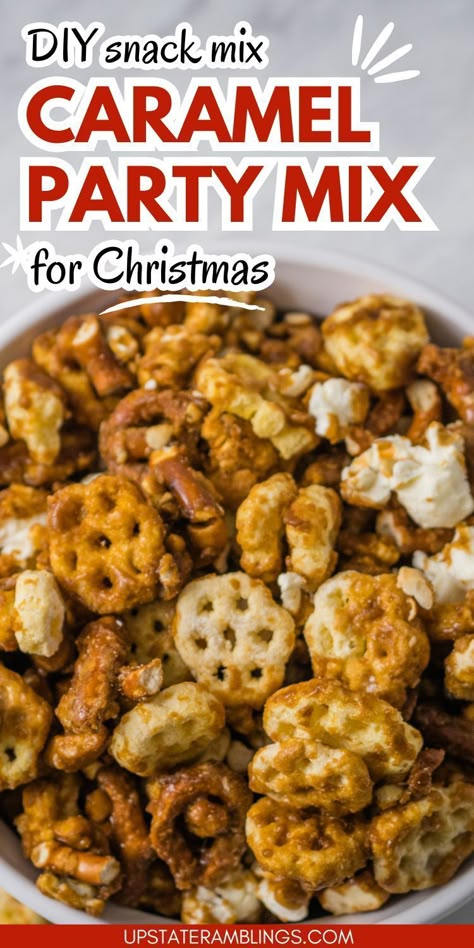 Caramel Party Mix Holiday Snack Mix Recipe, Caramel Chex Mix Recipes Oven, Diy Chex Mix Recipes, Thanksgiving Trail Mix Recipe, Christmas Snack Mixes, Party Mix Recipe Homemade, Carmel Chex Mix Recipe, Honeycomb Snack, Christmas Snack Mix Recipes