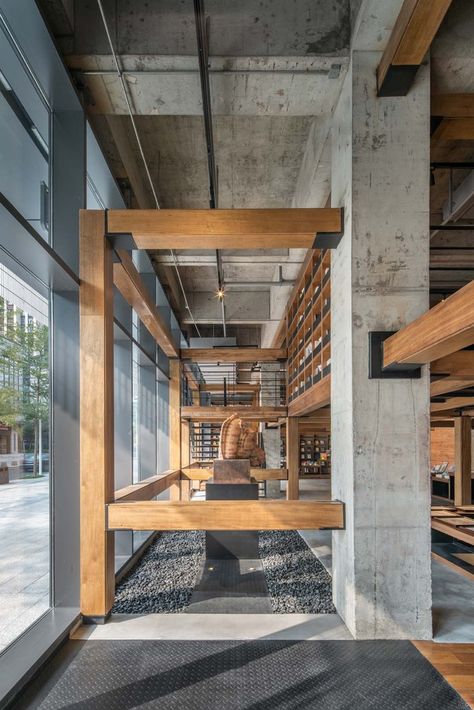 Learning Center Architecture, Warehouse Gallery, H Beam, Mass Timber, Beam Structure, Interior Design Gallery, Concrete Houses, Brick Flooring, Adaptive Reuse