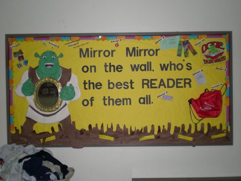 Shrek theme reading board Shrek Themed Classroom, Fairy Tales Bulletin Board Ideas, Shrek Bulletin Board, Shrek Door Decs, Fairy Tale Bulletin Board, Shrek Swamp Sign, Shrek Decorations, Ela Bulletin Boards, Spirit Posters