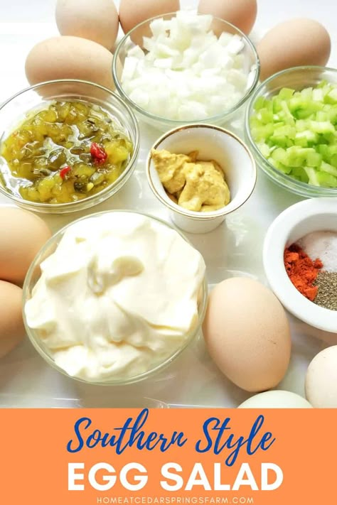 Easy Southern Style Egg Salad Recipe - Home at Cedar Springs Farm Southern Egg Salad Recipe, Southern Egg Salad, Egg Salad Recipe With Relish, Pickle Relish Recipe, Sweet Pickle Relish, Classic Egg Salad Recipe, Egg Salad Sandwich Recipe, Easter Cooking, Classic Egg Salad