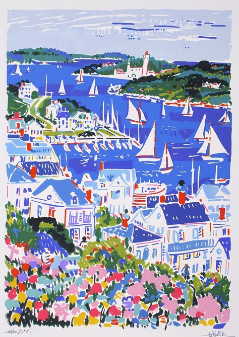 Artistic expression presented by ThetaCursed, License: CC BY-NC 4.0 Soothing Art, Boat Artwork, Port Town, Blue Roof, Sailboat Art, France Drawing, City Illustration, Puzzle Art, A Castle