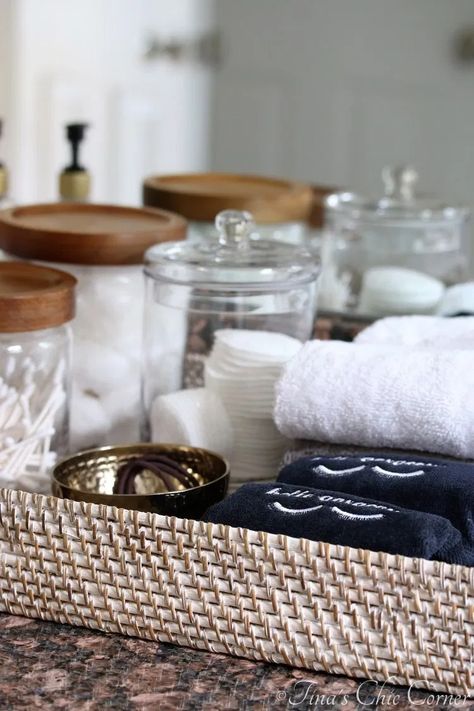 Guest Bathroom Essentials – Tina's Chic Corner Guest Bathroom Essentials, Guest Room Essentials, Beach Inspired Decor, Bathroom Baskets, Bathroom Necessities, Bathroom Solutions, Bedroom Essentials, Bath Essentials, Guest Bathrooms