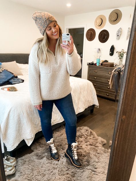 This fleece pullover is dreamy!! It is crazy soft + I love the knit detail on the trim! I stayed true to size in a large. This beanie is leopard perfection! These boots are a Marc fisher dupe for a fraction of the cost!! I sized up a half size. http://liketk.it/2YdAz #liketkit @liketoknow.it #LTKsalealert #LTKstyletip #LTKunder50 Sherpa Lined Boots Outfit, Marc Fisher Boots Outfit, Sherpa Boots Outfit, Midsize Outfits Winter, Leopard Beanie, Sherpa Boots, Regular Outfits, Fall Thrift, Ski Trip Outfit