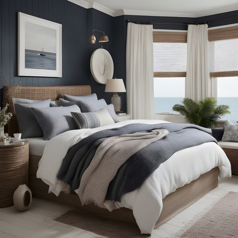 Coastal Decor Bedroom, Coastal Modern Bedroom, Moody Coastal, Boho Coastal Bedroom, Modern Coastal Bedroom, Vibe Bedroom, Bedroom Coastal, Blue Accent Walls, Coastal Bedroom Decorating