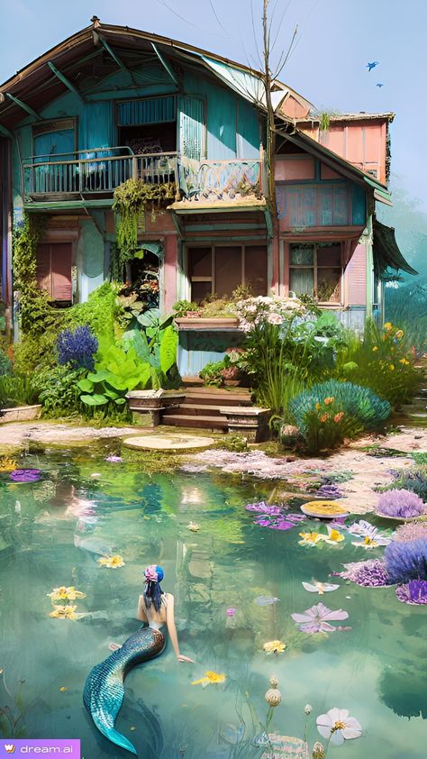 Mermaids sometimes live in lost places. Picture of a beautyful shabby house with a fairy pond, inside a little mermaid. Enjoy the mystic place. Digital Art AI. Mermaid Village, Dnd Mermaid, Fairy Pond, Mermaid Garden, Mystical Places, The Mystic, Little Mermaid, The Little Mermaid, Mermaid