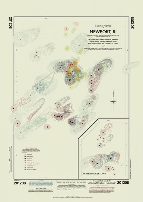 Kate McLean, Summer Aromas of Newport, Rhode Island, Participatory Newport Smell Map, 2012, Digital print (with nine accompanying scents), 66.2 x 46.8 inches Sound Map, Architecture Mapping, English Artists, Newport Ri, Diagram Architecture, Topographic Map, Map Design, City Maps, Data Visualization