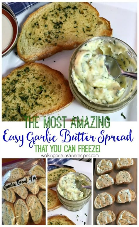 Here's an easy recipe for garlic butter spread that you can also freeze from Walking on Sunshine Recipes. Garlic Butter Spread, Easy Garlic Butter, Flavored Butter Recipes, Butter Recipes Homemade, Butter Spreads, Homemade Garlic Butter, Compound Butters, Flavored Butters, Garlic Spread