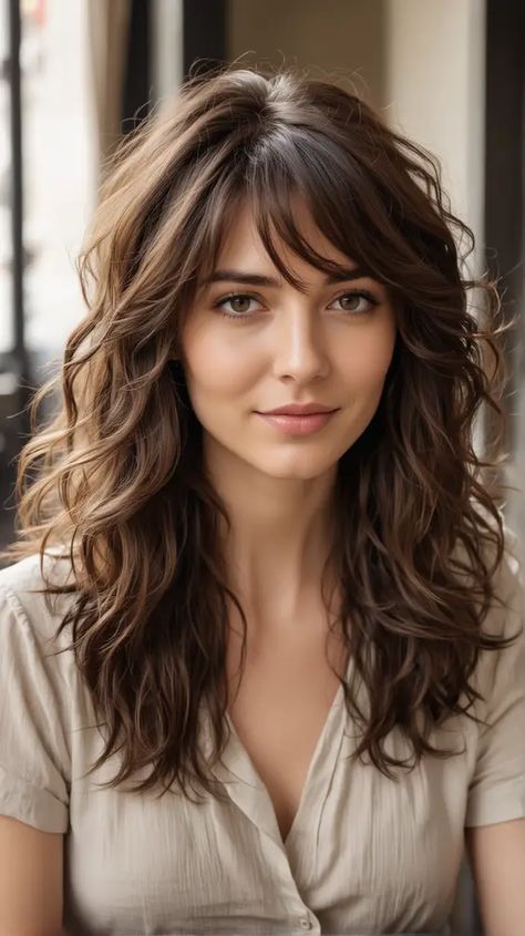 23 Stunning Wavy Hair with Bangs: Styles for Every Face Shape Haïr Cut For Wavy Hair Girl, Haïr Cuts For Wavy Hair Girl, Wavy Long Hair With Bangs, Wavy Hair Cuts With Bangs, Wavy Hair With Bangs And Layers, Haïr Cut For Wavy Hair, Haircut For Wavy Hair For Women, Wavy Hair With Fringe, Wavy Haircuts With Bangs