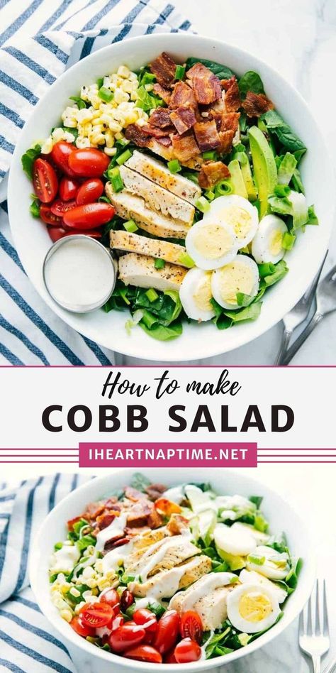 A delicious cobb salad that’s fresh, flavorful and full of your favorite toppings! Makes the perfect lunch or dinner any day of the week. This recipe is a staple at our house. Cob Salad Recipe, Cobb Salad Recipes, Easy Cobb Salad, Cob Salad, Summer Fruit Recipes, Cobb Salad Recipe, I Heart Naptime, Seasonal Salad, Perfect Lunch