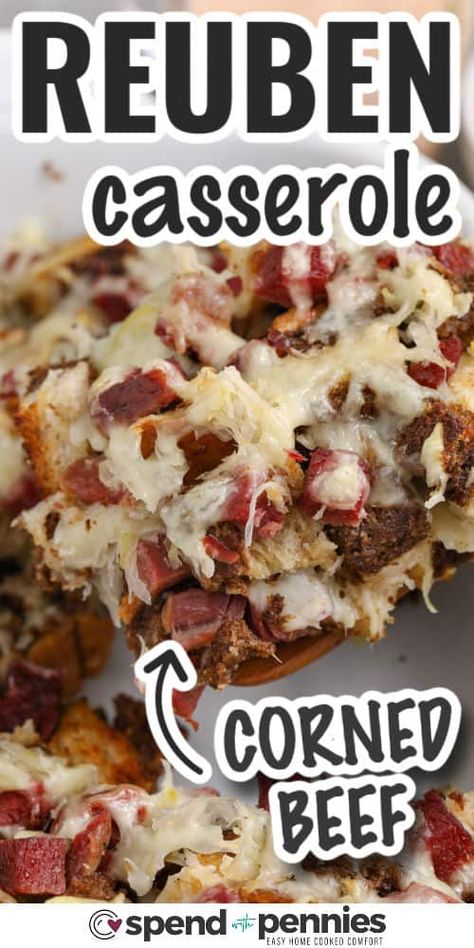 You'll love this Reuben casserole! It always ends up being a hit with the family. Making it is a breeze! Toss corned beef, tangy sauerkraut, and yummy rye bread cubes in a fast, creamy Swiss cheese sauce. Skip the grilled sandwich fuss—just stack it in a dish for a speedy oven-to-table dinner! #spendwithpennies #reubencasserole #homemadereubencasserole #reubencasserolerecipe Keto Thousand Island Dressing, Swiss Cheese Sauce, Corned Beef Recipes Crock Pot, Corned Beef Leftovers, Reuben Casserole, Best Paleo Recipes, Healthy Beef Recipes, Corned Beef Brisket, Paleo Dishes