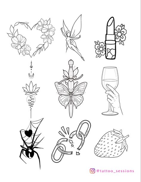 Tattoo flash sheet cool art design Fairy Tattoo Flash Sheet, Cute Tattoo Template, Floral Tattoo Flash Sheet, Beginner Flash Sheet, Linework Flash Tattoo, Fall Tattoo Flash Sheet, Summer Flash Sheet, Line Work Flash Sheets, Flash Sale Tattoo Ideas