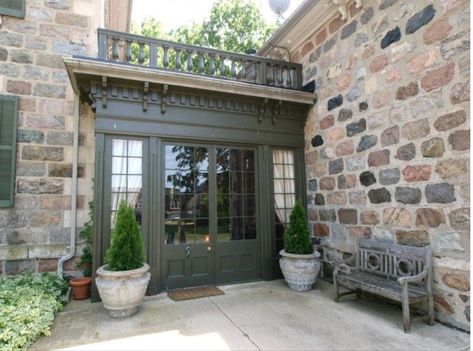 Green French Doors, Stone Entryway, Paint Stone, Side Entrance, Entryway Door, Garage Addition, Door Paint, Pool House Plans, Old Stone Houses