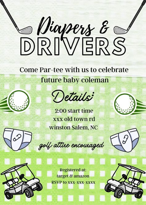 Diapers and Drivers baby shower invitation! Customizable details with digital template download. Baby Shower Theme Ideas, Golf Baby Showers, Golf Theme Party, Diaper Party, Golf Baby, Golf Birthday Party, Baby Shower Diaper Cake, Golf Theme