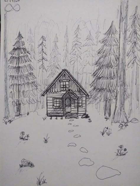 Woods Sketch, Forest Drawing Easy, Cabin Tattoo, Themes To Draw, The Cabin In The Woods, Ormanlık Alan, Robot Design Sketch, Forest Drawing, Nature Art Drawings