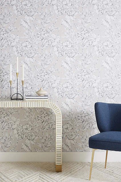 Anthropologie Fiji Garden Wallpaper Anthropology Wallpaper, Floral Powder Room, Wallpaper Rooms, Anthropologie Wallpaper, Powder Room Design Ideas, Modern Floral Wallpaper, Wallpaper Anthropologie, Palm Wallpaper, Garden Wallpaper