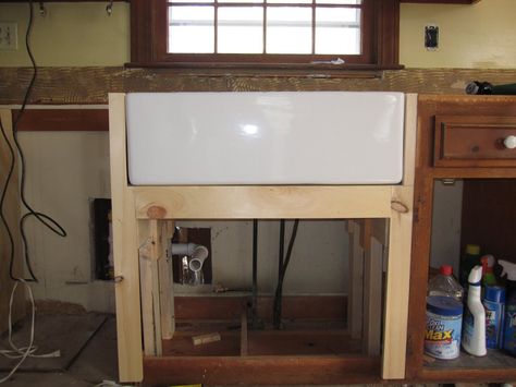 Reconstructed cabinet to support apron front sink.  ~  simple.beautiful.home: Kitchen Planning: Farm Sinks Diy Kitchen Sink Cabinet, Ikea Farm Sink, Ikea Kitchen Sink, Ikea Farmhouse Sink, Kitchen Sink Remodel, Kitchen Sink Diy, Ikea Farmhouse, Farmhouse Sink Installation, Kitchen Sink Cabinet