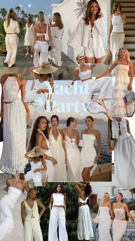 Wedding Pool Party Outfit, Bachelorette Party Yacht, Astrid Outfit, Party Night Ideas, All White Yacht Party, Bday Party Aesthetic, Hamptons White Party, Yacht Attire, Yacht Party Theme