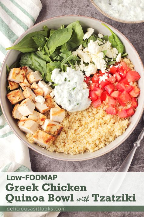 Low FODMAP Greek Chicken Quinoa Bowl - Delicious as it Looks Low Carb Low Fodmap, Low Fodmap Mediterranean Diet, Low Fodmap Beans, Low Fodmap Trader Joes, Lowfod Map, Low Fodmap Meals, Chicken Quinoa Bowl, Crohns Diet, Fodmap Meals