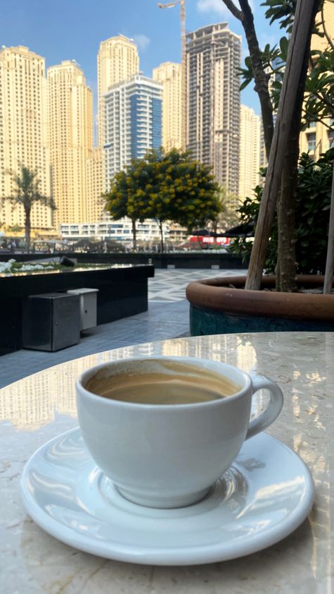 Dubai Morning View, Morning Coffee Story, Coffee In Dubai, Dubai Morning, Uae Aesthetic, Coffee With A View, Coffee Study, Dubai Vacation, Dubai Aesthetic