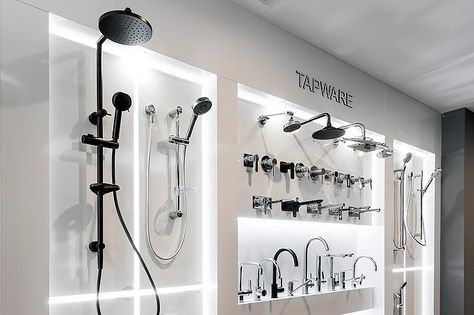 Tapware Display Shower Display Showroom, Sink Display Showroom, Bathroom Showrooms Display, Sanitary Ware Showroom Design, Wash Basin Display Showroom, Bathroom Fittings Showroom Display, Interior Shop Display, Electrical Shop, Bathroom Store