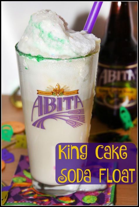 King Cake Soda Float with Abita King Cake Soda and Ice Cream Cake Soda Recipe, King Cake Ice Cream, Homemade Slushies, Mardi Gras Drinks, Nola Recipes, Soda Float, Birthday Cake Ice Cream, Mardi Gras Cake, Soda Floats