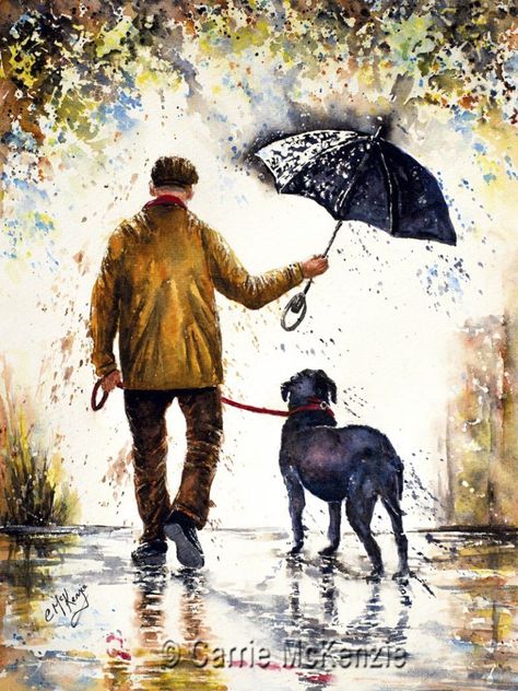 Rain Painting, Dog Best Friend, Umbrella Art, Dog Painting, Man And Dog, Watercolor Art Lessons, Human Art, Art Workshop, Dog Drawing