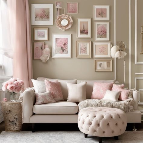 Bedroom ideas lights and lamps ideas Home Decor trending Pink And Beige Living Room, Beige And Pink Living Room, Pink Sitting Room, Bedroom Ideas Lights, White Gold Room, Wall Tiles Ideas, Front Wall Tiles, Japan Living Room, Girly Living Room Ideas