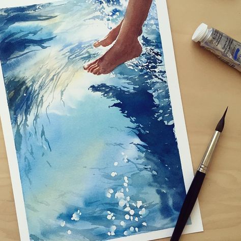 Relaxing in the sun. Realistic Paintings Depicting Water Reflections. To see more art and information about lulebedeva click the image. Human Painting, 수채화 그림, Water Art, Realistic Paintings, Watercolor Art Lessons, Watercolor Inspiration, Water Painting, Painting Art Projects, Painting Tutorial