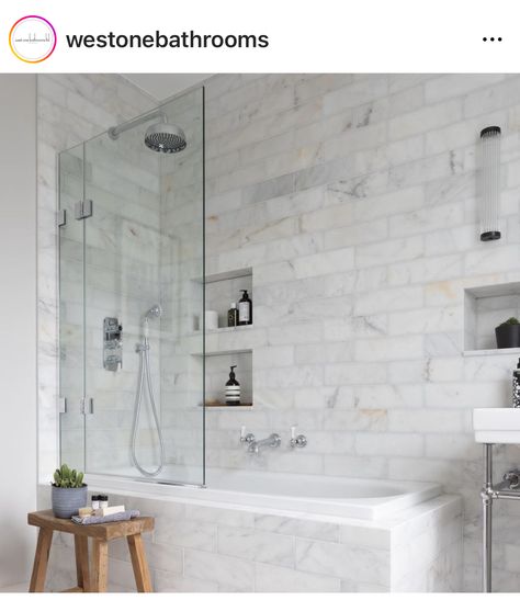 Family Bathroom Shower Over Bath, Bathrooms With Shower Over Bath, Traditional Family Bathroom, Family Bathroom Ideas Shower Over Bath, Bathroom With Shower Over Bath, Bathroom Shower Over Bath Ideas, Traditional Bathroom Tiles, Small Bathroom Marble Tile, Traditional Marble Bathroom