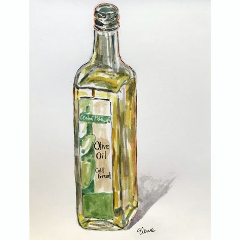 Olive Oil Illustration, Olive Oil Drawing, Olive Oil Jar, Food Project, Olive Oil Bottle, Recipe Drawing, Bottle Drawing, Painting Kitchen, Vintage Cooking