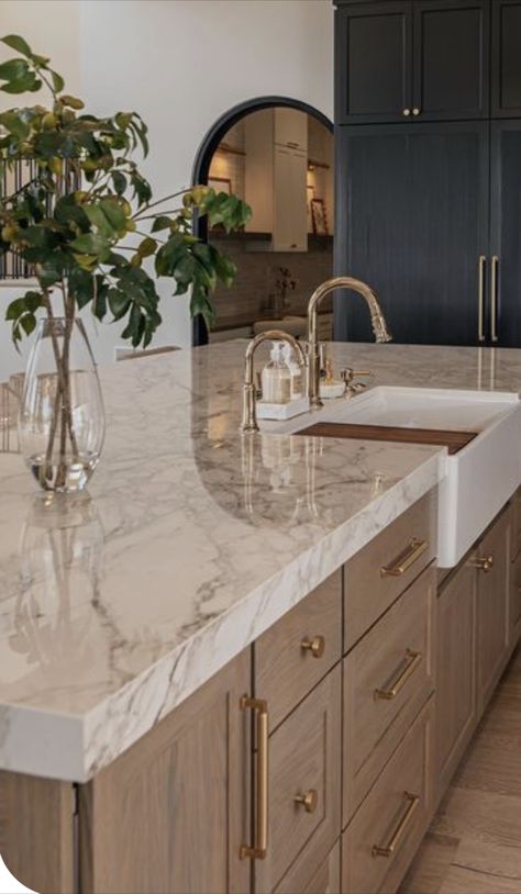 Modern Kitchen Flooring Tile, Wood Island White Kitchen, Wood Island With Gold Hardware, Secondary Kitchen, Modern Colonial Kitchen Interior Design, No Hood Kitchen, Kitchen With Natural Wood, Modern Counter Tops, Taj Mahal Quartzite Countertops With Dark Cabinets