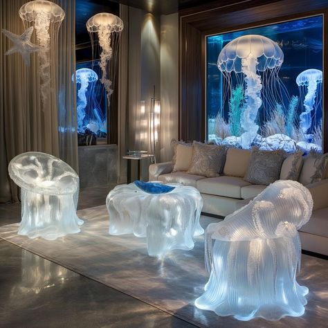 Let’s dive deep into this unusual underwater aesthetic to decide if the jellyfish interior design trend is going to sink or swim! Jelly Fish Room Decor, Jellyfish Room Aesthetic, Underwater Room Aesthetic, Jellyfish Room Decor, Jellyfish Room, Jellyfish Decor, Underwater Aesthetic, Underwater Room, Jellyfish Decorations