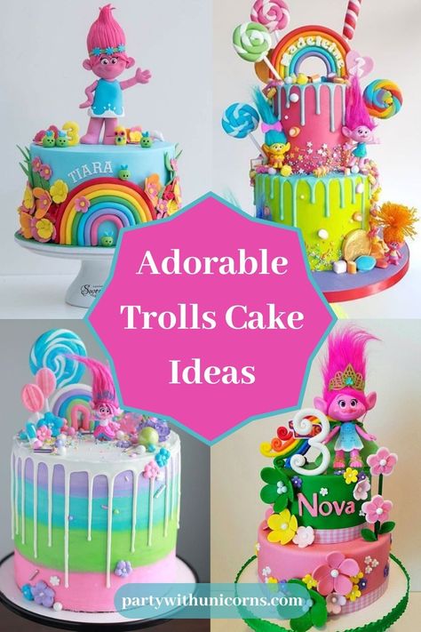 Trolls Rainbow Cake, First Birthday Trolls Theme, Diy Trolls Birthday Cake, Trolls Themed Birthday Cake, Birthday Cake Trolls, Trolls Themed Cake, Trolls Bday Cake, Poppy Trolls Birthday Cake, Trolls Third Birthday Party