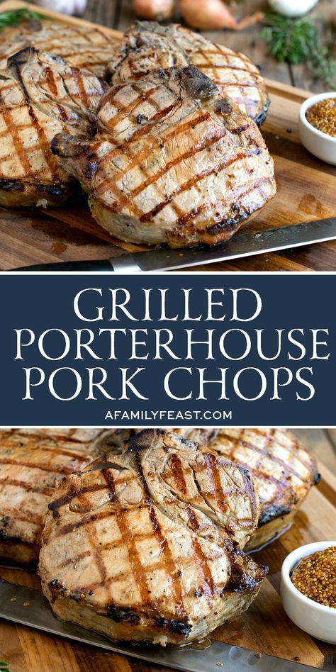 These thick and juicy Grilled Porterhouse Pork Chops are going to be the talk of the neighborhood! Delight your hungry guests and make them for your next cookout! Porterhouse Pork Chop Recipe, Grilling Thick Pork Chops, Pork Chop Dry Rub, Thick Pork Chop Recipe, Pork Chops On The Grill, Best Grilled Pork Chops, Family Feast Recipes, Ninja Grill, Pork Chop Recipes Grilled