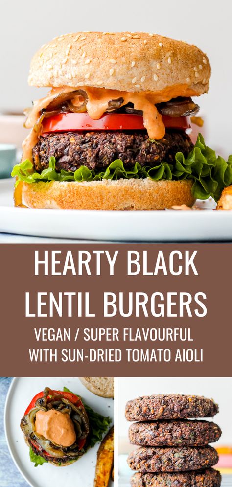 Black Lentil Burger, Lentil Burgers Recipe, Lentils Burger Recipe, Lentil Hamburger Recipes, Vegan Black Lentil Recipes, Black Lentils Recipe, Lentil Burgers Vegan, Black Lentil Recipes, Lentil Mushroom Burger