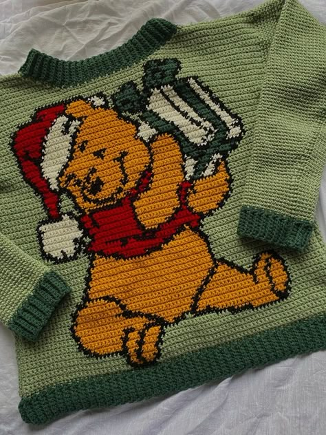 Winnie The Pooh Crochet Outfit, Frog Sweater Crochet, Christmas Sweaters Pattern, Winnie The Pooh Crochet Sweater, Cute Sweater Crochet Pattern, Crochet Disney Sweater, Crochet Cow Sweater, Knitted Christmas Sweaters, Tapestry Crochet Jumper