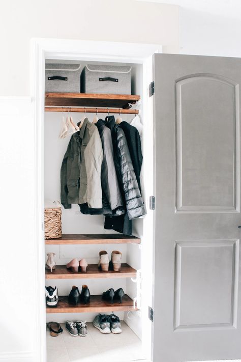 Coat Closet Revamp - designatedspacedesign.com Coat Closet Makeover, Coat Closet Ideas, Small Coat Closet, Coat Cupboard, Front Hall Closet, Coat Closet Organization, Front Closet, Entry Closet, Closet Diy