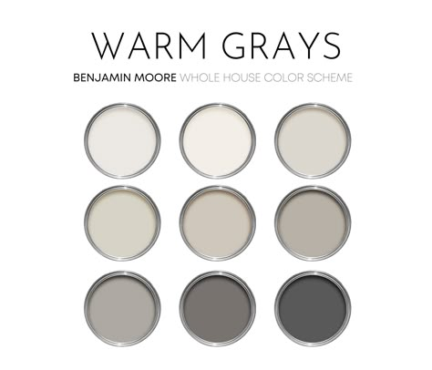 This listing is for a Warm Grays color scheme, created with Benjamin Moore paint colors. I have carefully selected a range of 9 colors for this palette, and included options for walls, trim, furniture, cabinets and doors.  Benjamin Moore has thousands of paint colors, each with their own unique undertones. This can make choosing the right paint colors hard. The colors in this collection were carefully selected to coordinate with each other - this makes choosing the right paint colors a lot easie Grey Paint Palette, Neutral Interior Paint Colors, Calm Coastal, Warm Grey Paint Colors, Colors For Home, Warm Gray Paint, Coastal Paint, Color Palette Interior Design, Paint Guide