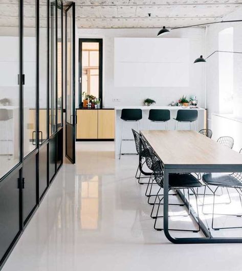 White Epoxy Floor, Industrial Office Table, Industrial Office Design, Living Modern, Desk Areas, Pivot Doors, Condo Living, Epoxy Floor, High Gloss White