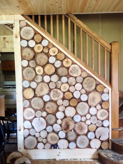 Log Cabin Wall Mural, Unique Cabin Interiors, Wood Slice Accent Wall, Log Wall Interior, Log End Wall, Wood Slice Backsplash, Vrbo Decorating Ideas Cabin, Log Round Wall, Log Cabin Accent Wall