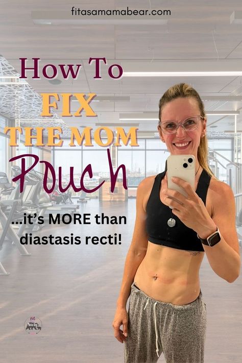 Woman in sports bra and sweat pants in a gym setting with text on the image about mom pouch. Mom Pooch Workout Diastasis Recti, Mom Abs, Baby Skin Rash, Mom Pouch, New Mom Workout, Mom Pooch, Pooch Workout, Mommy Pooch, Mom Belly