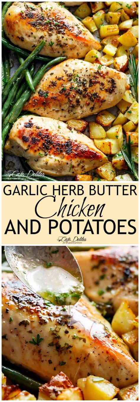 Sheet Pan Garlic Herb Butter Chicken & Potatoes - Cafe Delites Garlic Herb Butter Chicken, Herb Butter Chicken, Butter Chicken Sauce, Potatoes Chicken, Chicken And Potatoes, Sheet Pan Suppers, Sheet Pan Dinners Recipes, Cafe Delites, Garlic Herb Butter