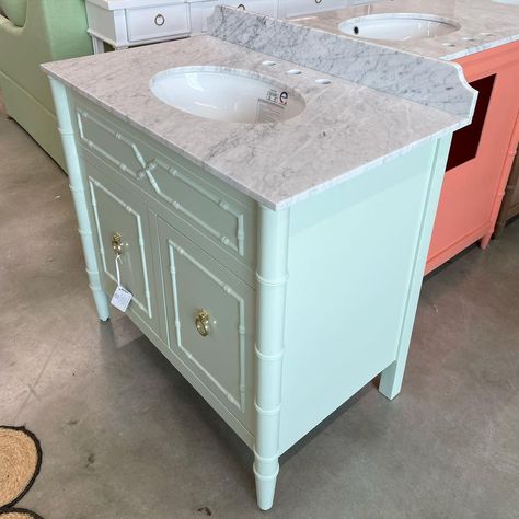 Poppys Of Macon | NEW | Your bathroom NEEDS this! POPPYS LINE faux bamboo single vanity!! Lacquered in van allen green! 🫧 $2,850 Dimensions: 36.5 wide x... | Instagram Bamboo Vanity Bathroom, Bamboo Bathroom Vanity, Bamboo Vanity, Florida Furniture, Bathroom Needs, Bamboo Bathroom, Vintage Chinoiserie, Beach Bath, Bamboo Furniture