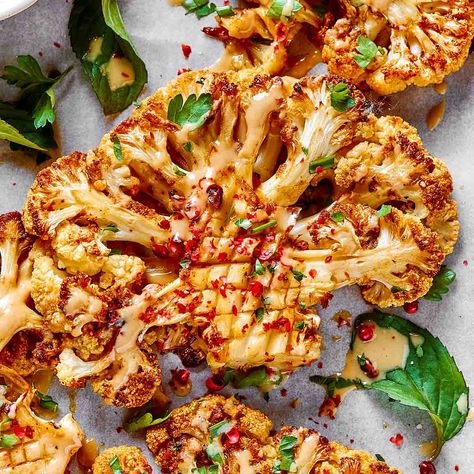 Cauliflower Steak {Baked, Grilled, or Air Fryer} - The Big Man's World ® Cauliflower Steaks Air Fryer, Cauliflower Steaks Baked, Steaks Air Fryer, Steak Cauliflower, Easy Vegetarian Sides, Cauliflower Steaks Recipes, Cauliflower Steak, Roasted Cauliflower Steaks, Baked Steak