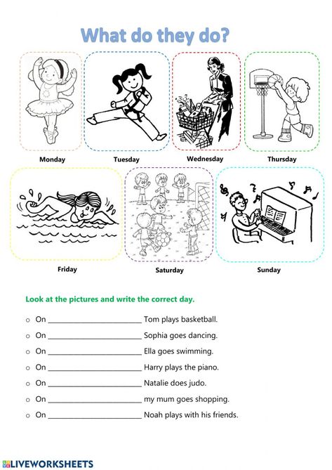 Ejercicio de Days of the week and activities Days Of The Week Activities Worksheets, Days Of Week Worksheet, Free Time Activities Worksheets, Esl Days Of The Week, Days Of The Week Printables, Days Of The Week Worksheet, Days Of The Week Activities, English Activity, Reading Comprehension For Kids