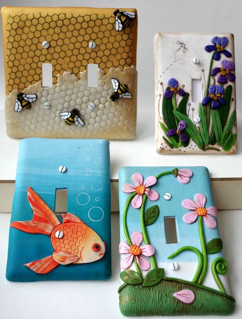 "Let there Bee Light," Irises, Koi, and Pink flowers light switch plates | by melissa_terlizzi Light Switch Covers Diy, Fimo Diy, Polymer Clay Tutorials, Diy Fimo, Diy Polymer Clay, Hantverk Diy, Clay Box, Fimo Polymer Clay, Polymer Clay Diy