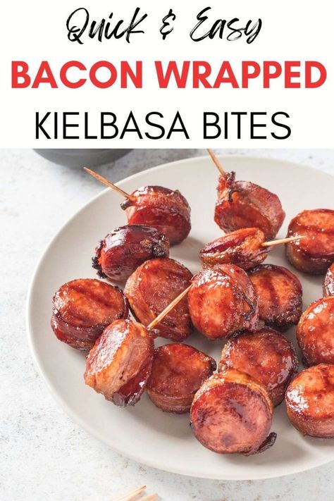 You won't believe that an appetizer this simple can taste so good! That's right, these bacon-wrapped kielbasa bites, coated in brown sugar, are addictively good and only require 3 ingredients. Get the recipe at yourbetterkitchen.com. Bacon Wrapped Kielbasa Bites, Kielbasa Bites Recipe, Bacon Wrapped Kielbasa, Meaty Appetizers, Kielbasa Bites, Bacon Wrapped Sausages, Kielbasa Recipes, Brown Sugar Bacon, Easy Bacon