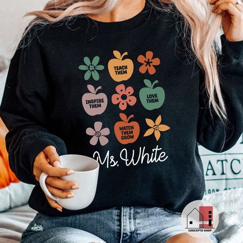 Teacher Sweatshirt Ideas, Daycare Shirts, Teacher Crewneck, Sweatshirt Ideas, Custom Teacher Gifts, Teacher Clothes, Monogram Sweatshirt, Teacher Sweatshirt, Cute Shirt Designs